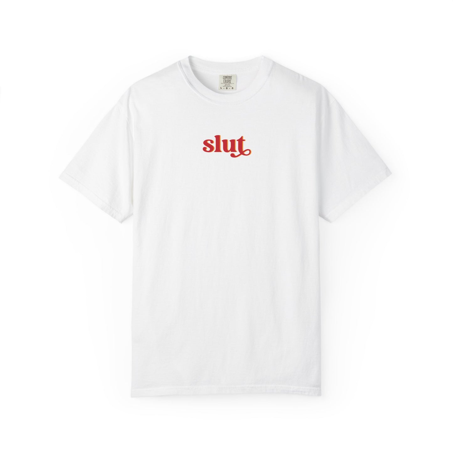 Graphic T-Shirt — Red "slut." Chest Print, Provocative Slogan Comfort Colors Tee