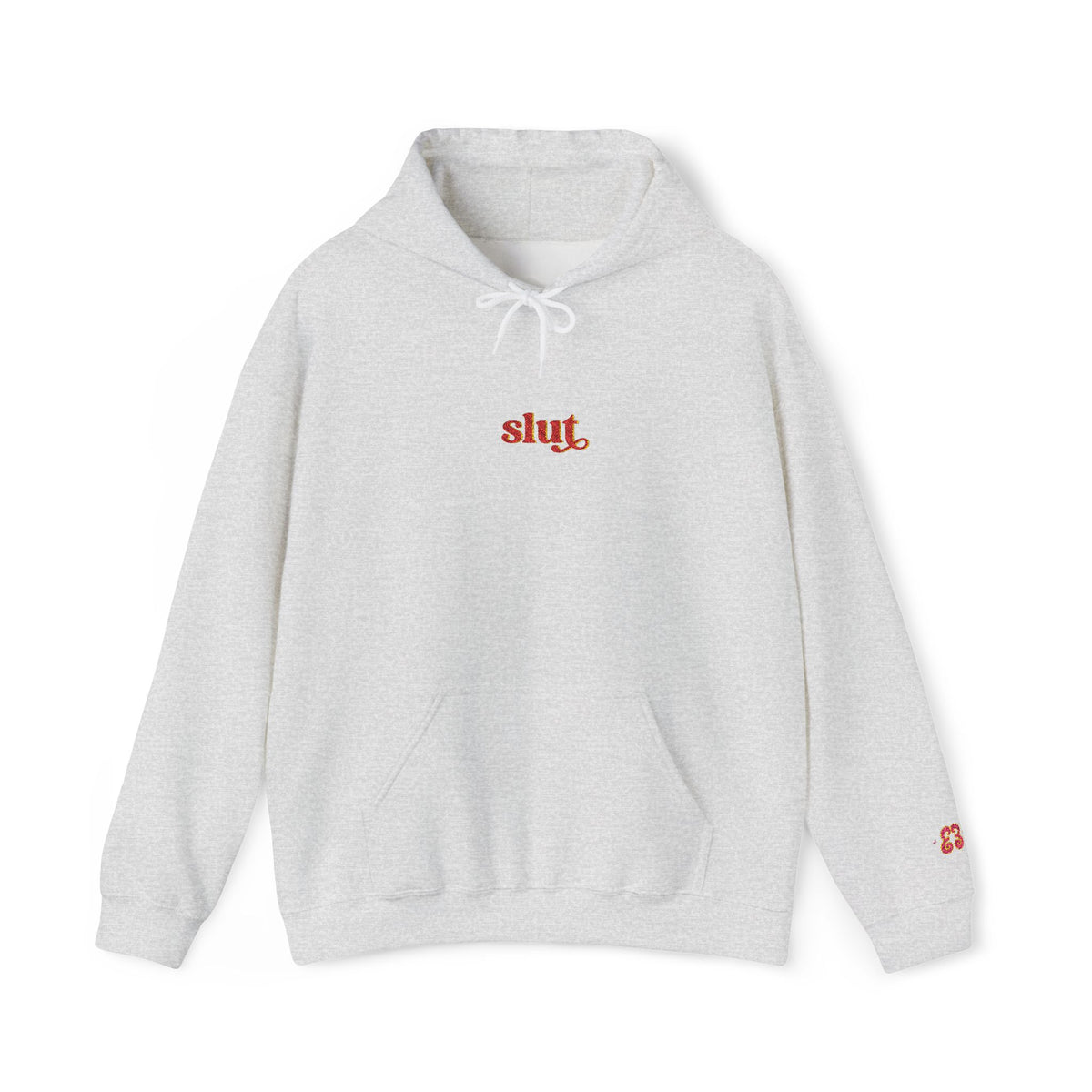 Light gray hoodie sweatshirt with white drawstring and red “slut” graphic, soft cotton blend