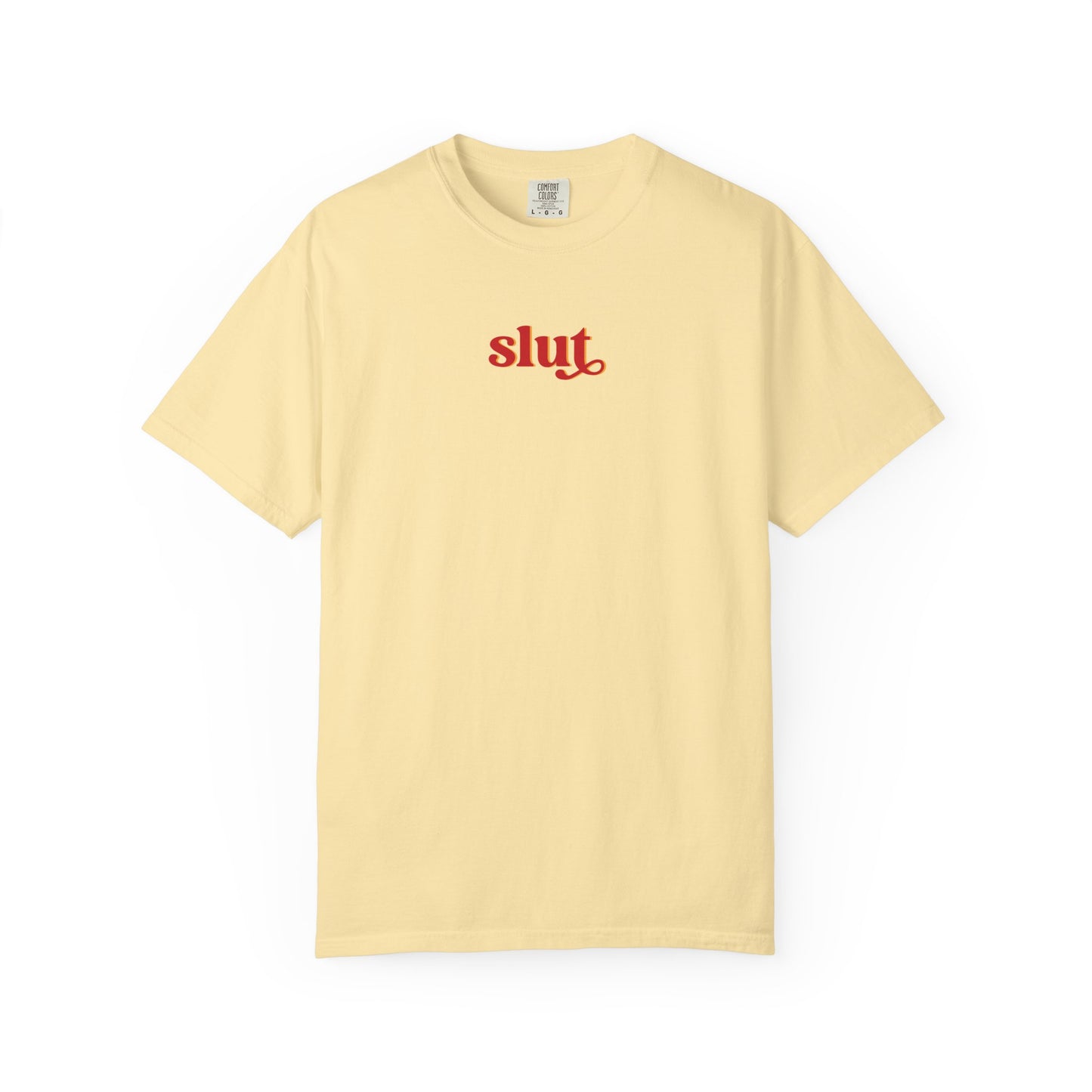 Graphic T-Shirt — Red "slut." Chest Print, Provocative Slogan Comfort Colors Tee