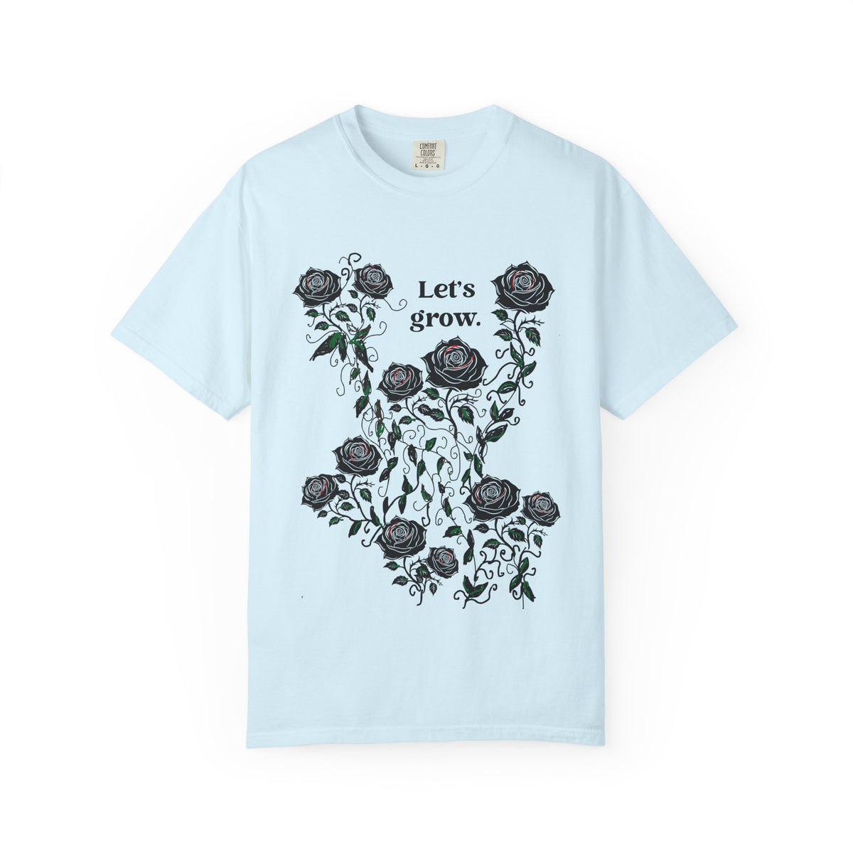 Light blue graphic t-shirt with black roses and “Let’s grow” slogan, cotton blend