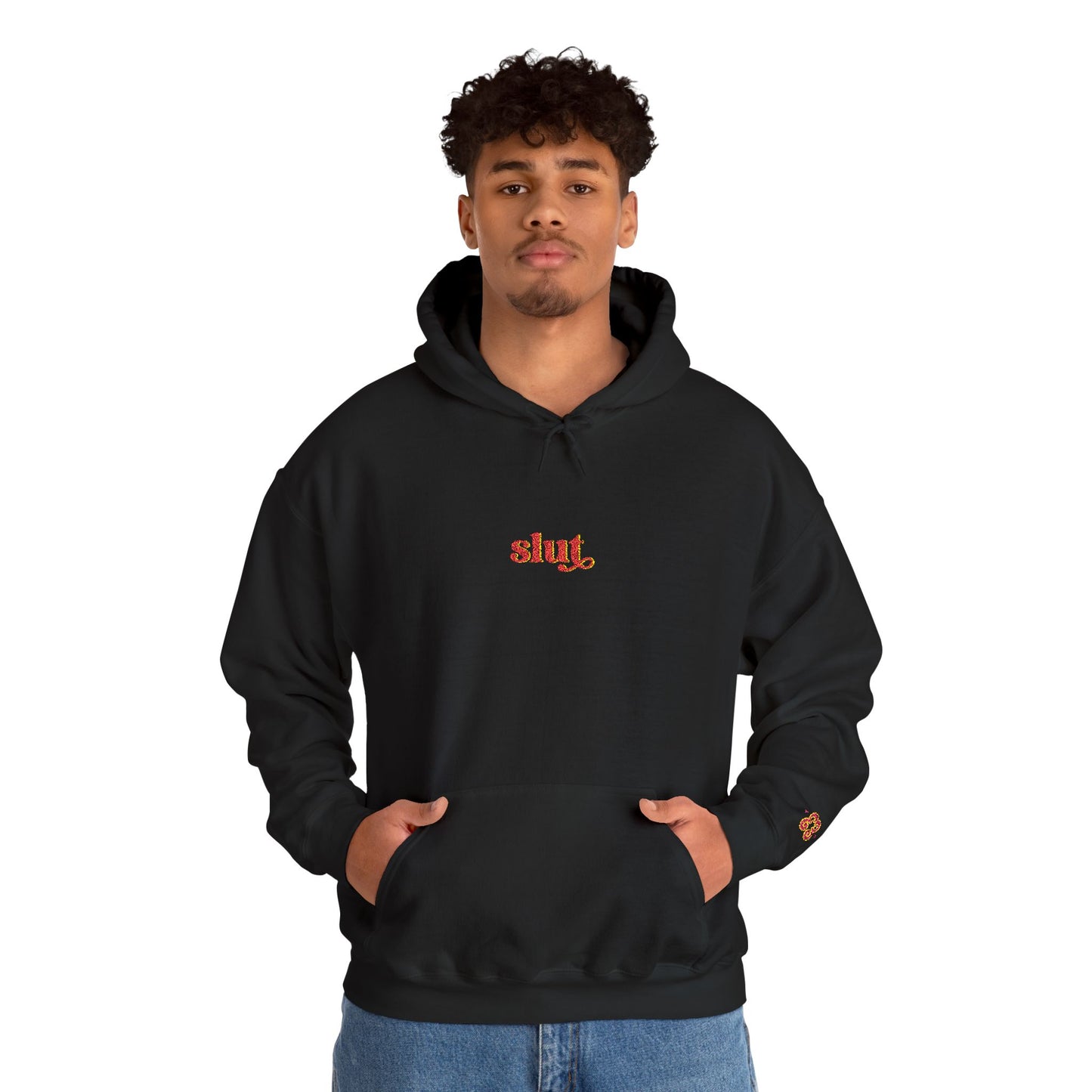 Black hoodie sweatshirt with drawstring hood and red Slut logo patch