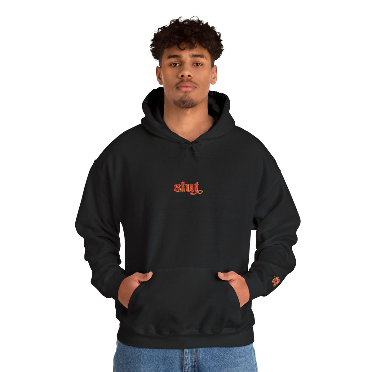 Black hoodie sweatshirt with drawstring hood and red Slut logo patch
