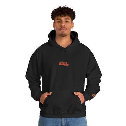 Black hoodie sweatshirt with drawstring hood and red Slut logo patch