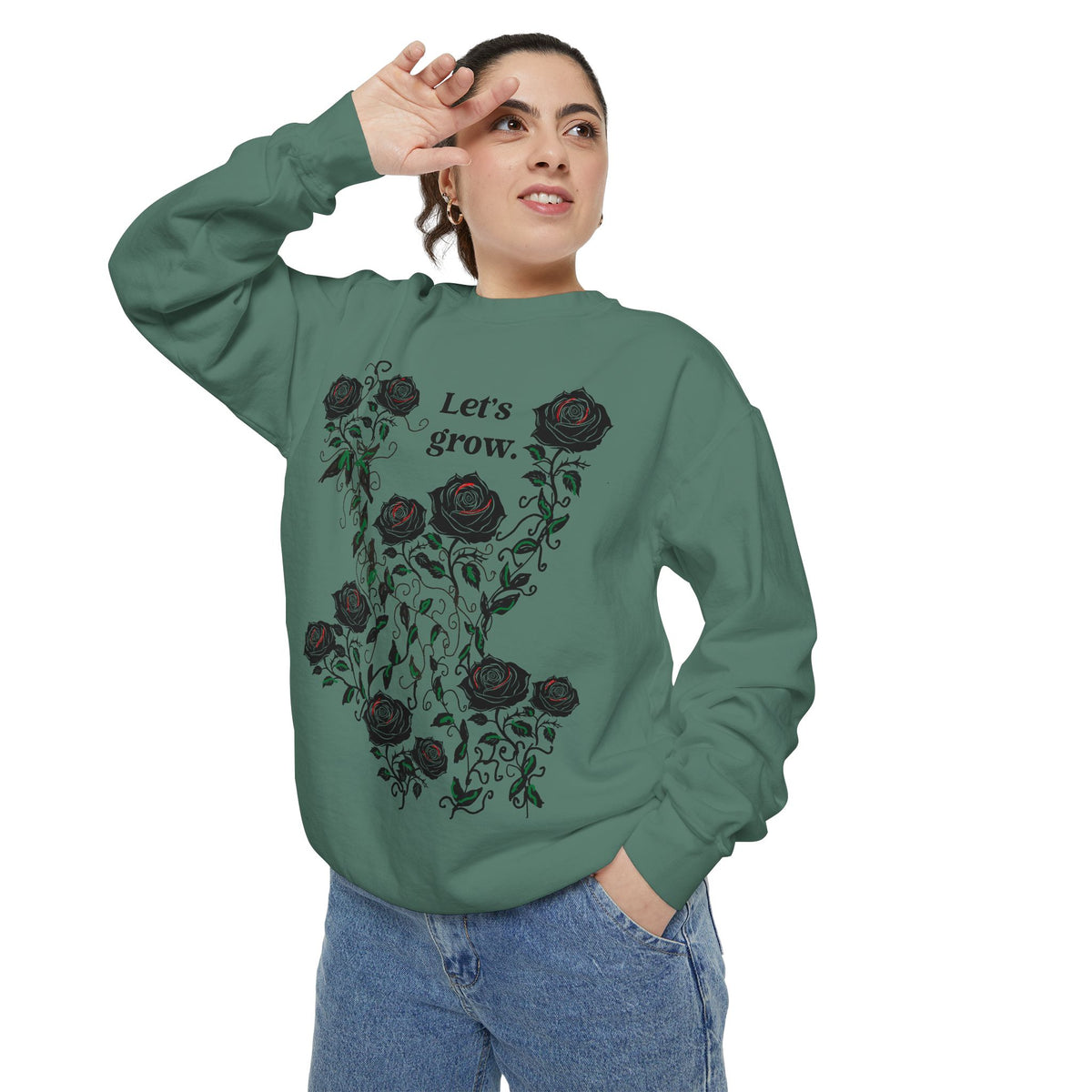 Green floral sweatshirt for women, cotton blend pullover with “Let’s grow” graphic