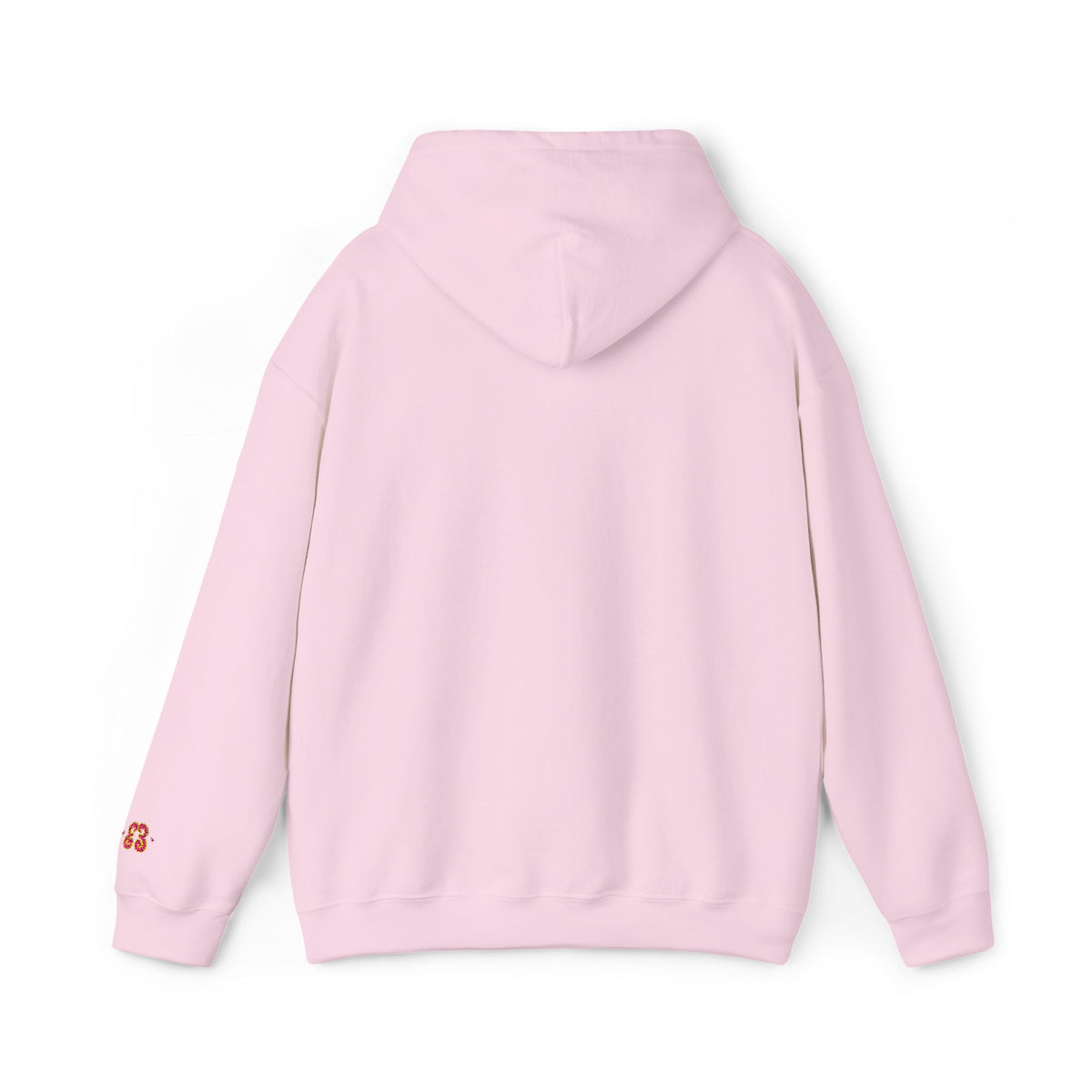 Light pink hoodie laid flat, back view with hood and small sleeve logo