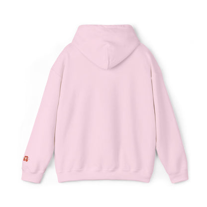 Light pink hoodie laid flat, back view with hood and small sleeve logo
