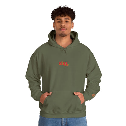 Olive green hoodie with embroidered logo, pullover cotton blend with adjustable drawstring hood