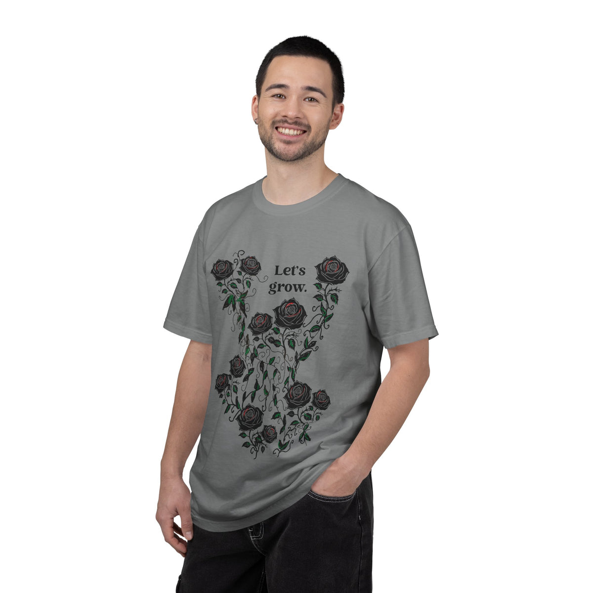 Men’s grey graphic T-shirt with rose floral print, soft cotton blend casual tee