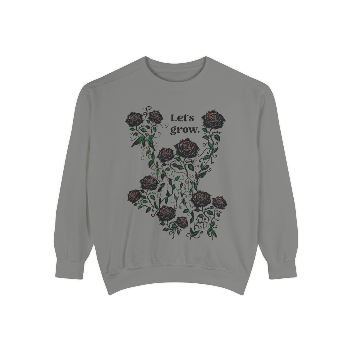 Grey sweatshirt with rose wreath graphic and “Let’s grow” slogan, soft cotton blend