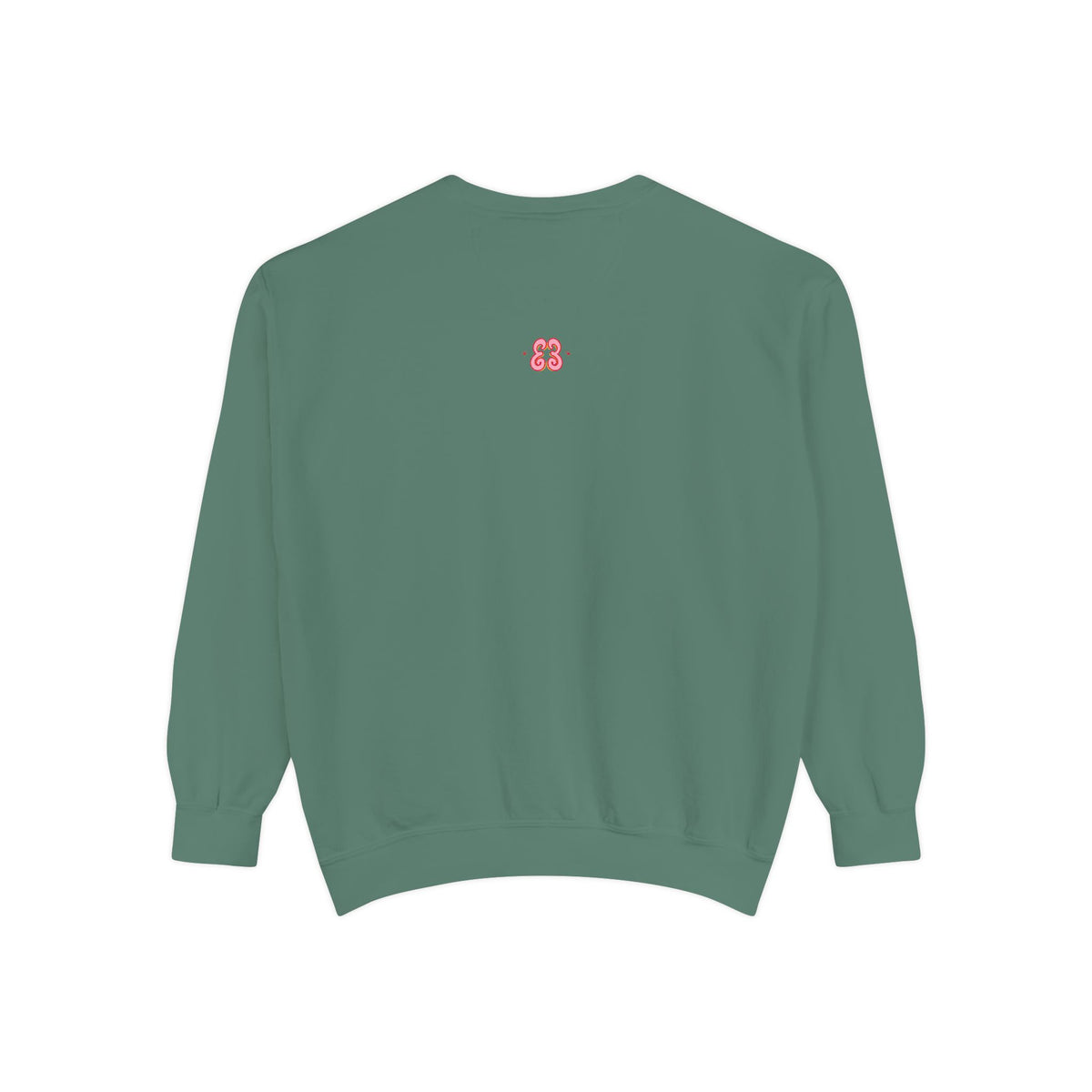 Green sweatshirt with embroidered pink logo, soft cotton blend crewneck long sleeve