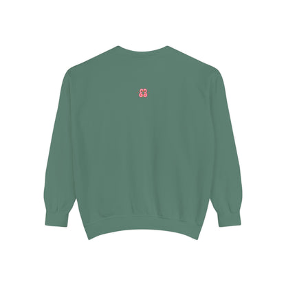 Green sweatshirt with embroidered pink logo, soft cotton blend crewneck long sleeve