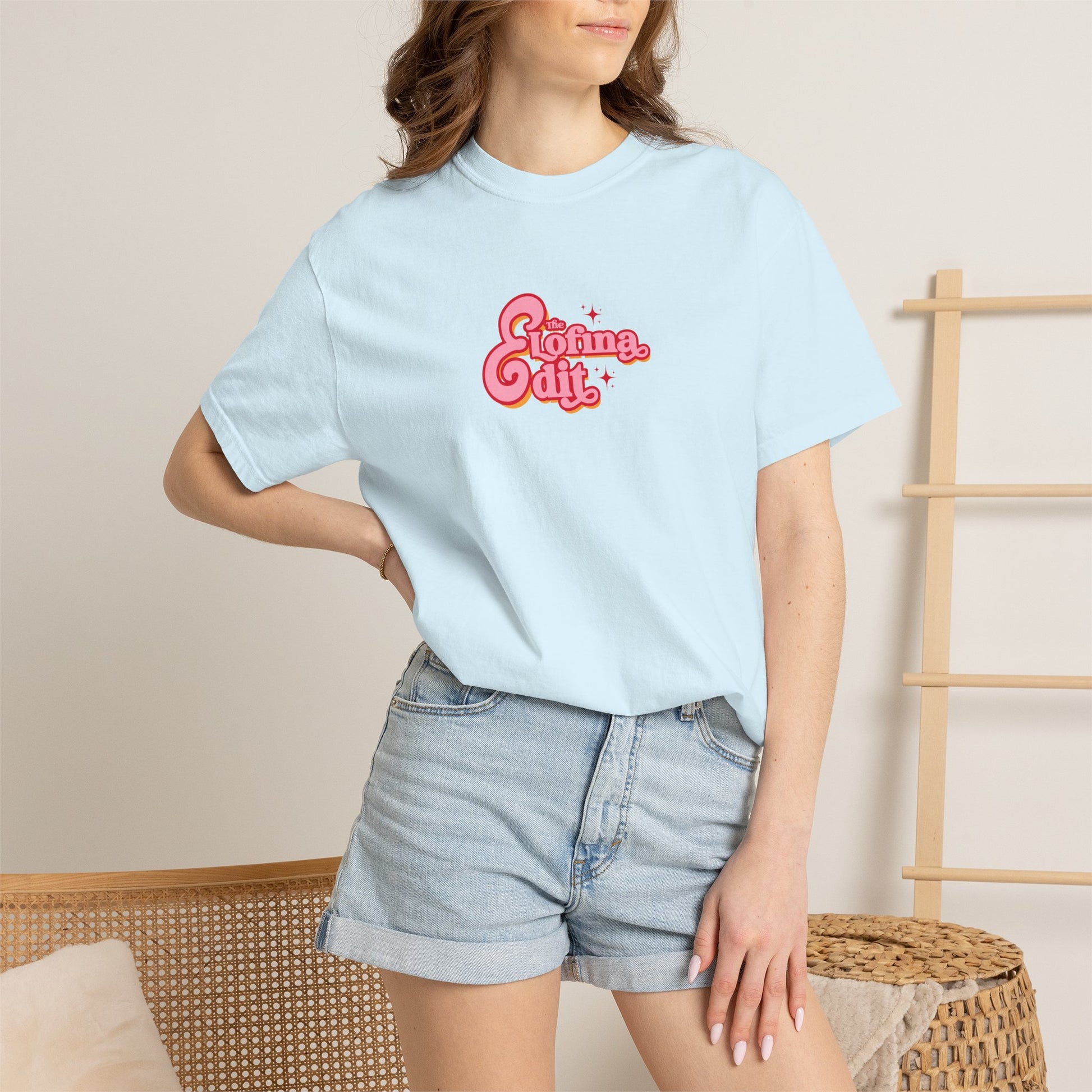 Light blue t-shirt with The Lofina Edit graphic logo, soft cotton blend