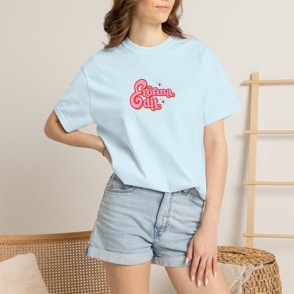 Light blue t-shirt with The Lofina Edit graphic logo, soft cotton blend