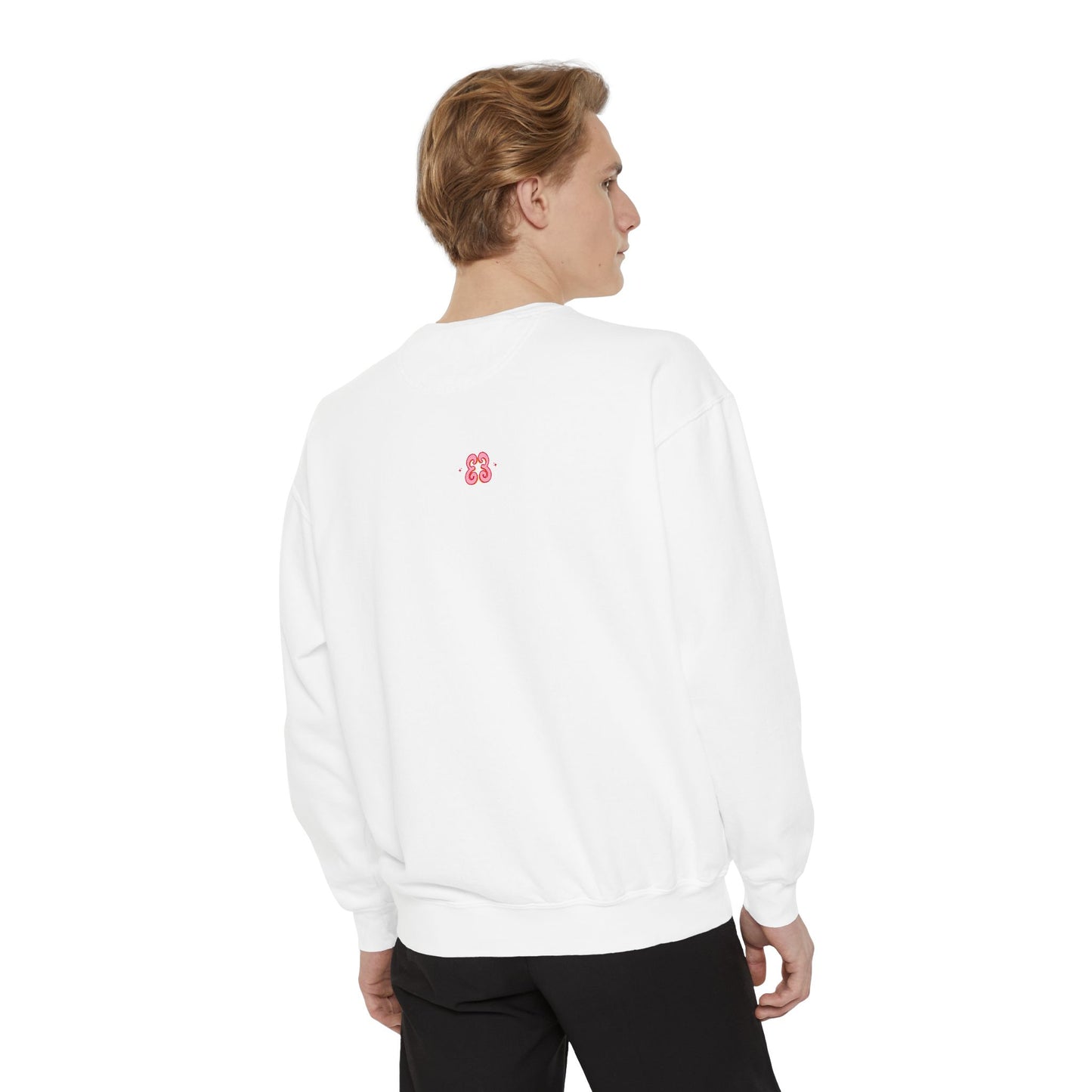 White crewneck sweatshirt with small pink embroidered logo detail on back