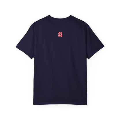 Navy t-shirt with pink logo embroidery on crew neck cotton tee
