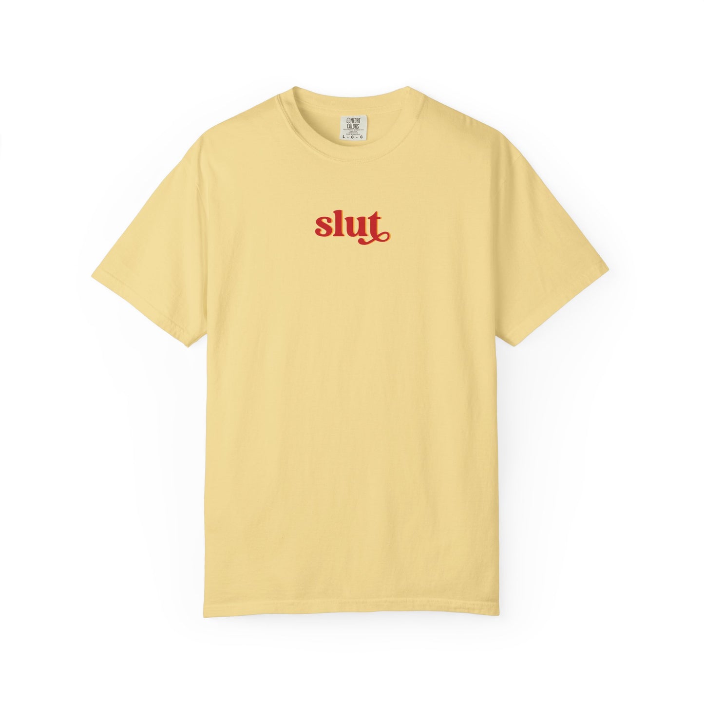 Graphic T-Shirt — Red "slut." Chest Print, Provocative Slogan Comfort Colors Tee