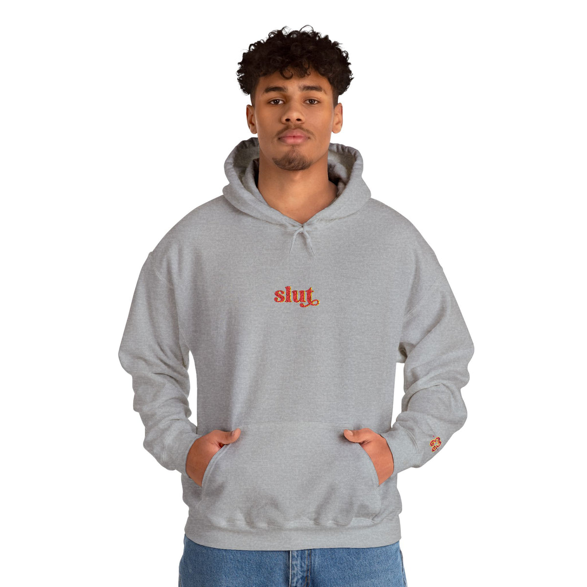 Men’s gray hoodie sweatshirt with “Slut” embroidered logo, soft cotton blend fabric