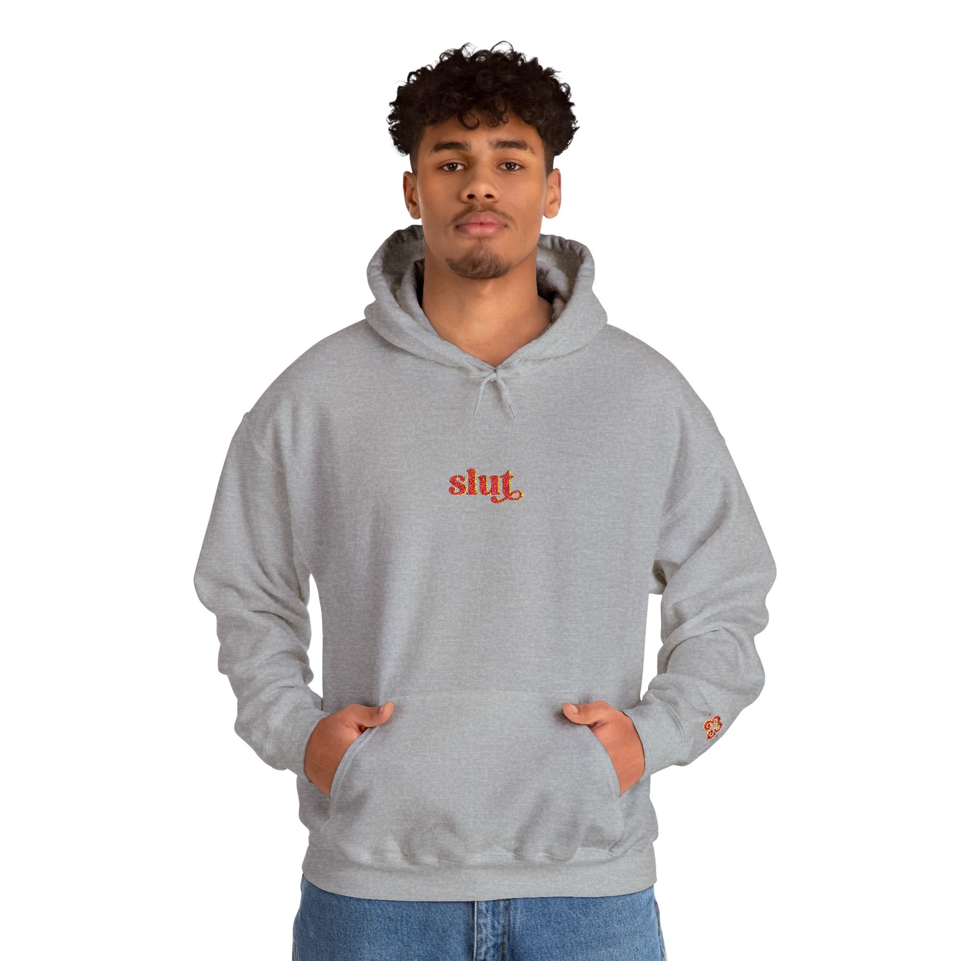 Men’s gray hoodie sweatshirt with “Slut” embroidered logo, soft cotton blend fabric