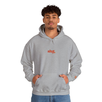 Men’s gray hoodie sweatshirt with “Slut” embroidered logo, soft cotton blend fabric