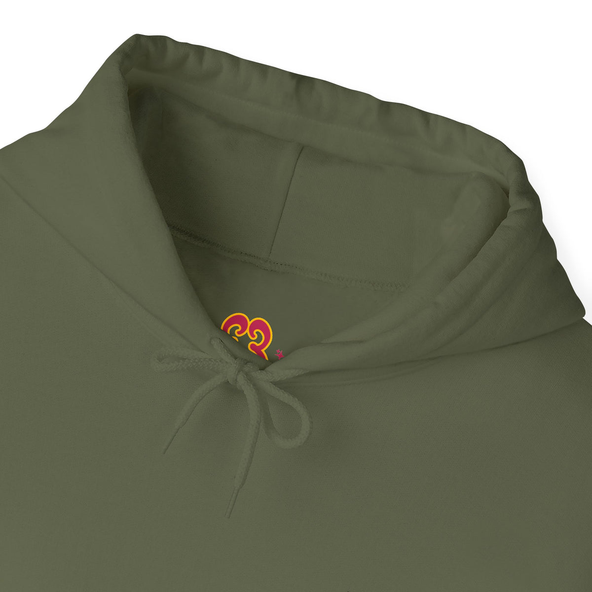 Olive green cotton hoodie drawstring pouch pocket detail