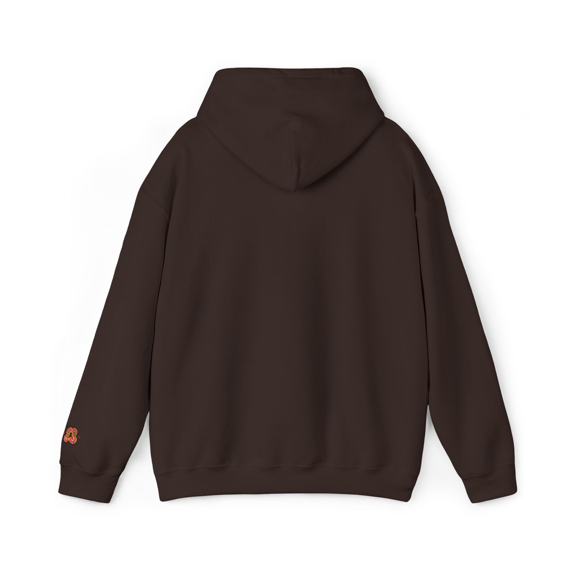 Brown pullover hoodie sweatshirt with adjustable hood and embroidered floral detail
