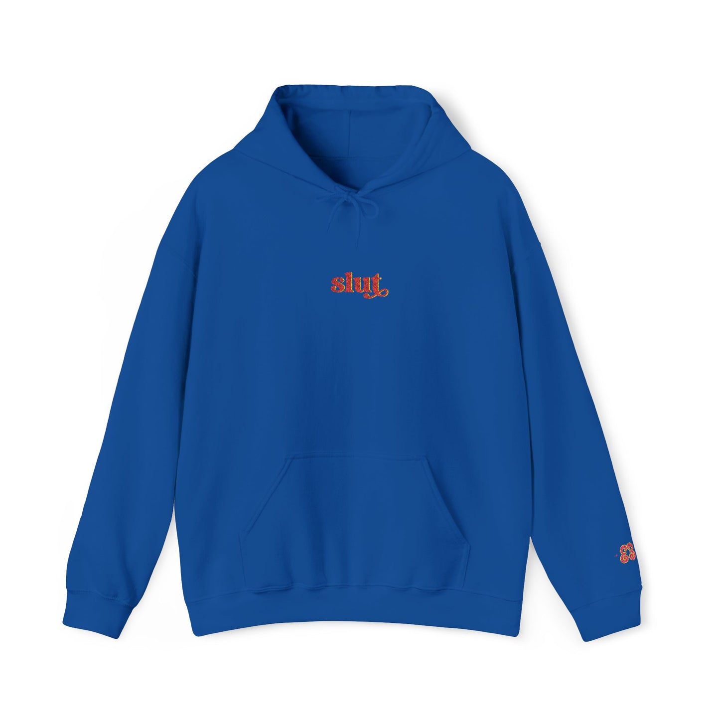 Blue slub graphic hoodie with drawstring hood, embroidered logo, cotton-blend fabric