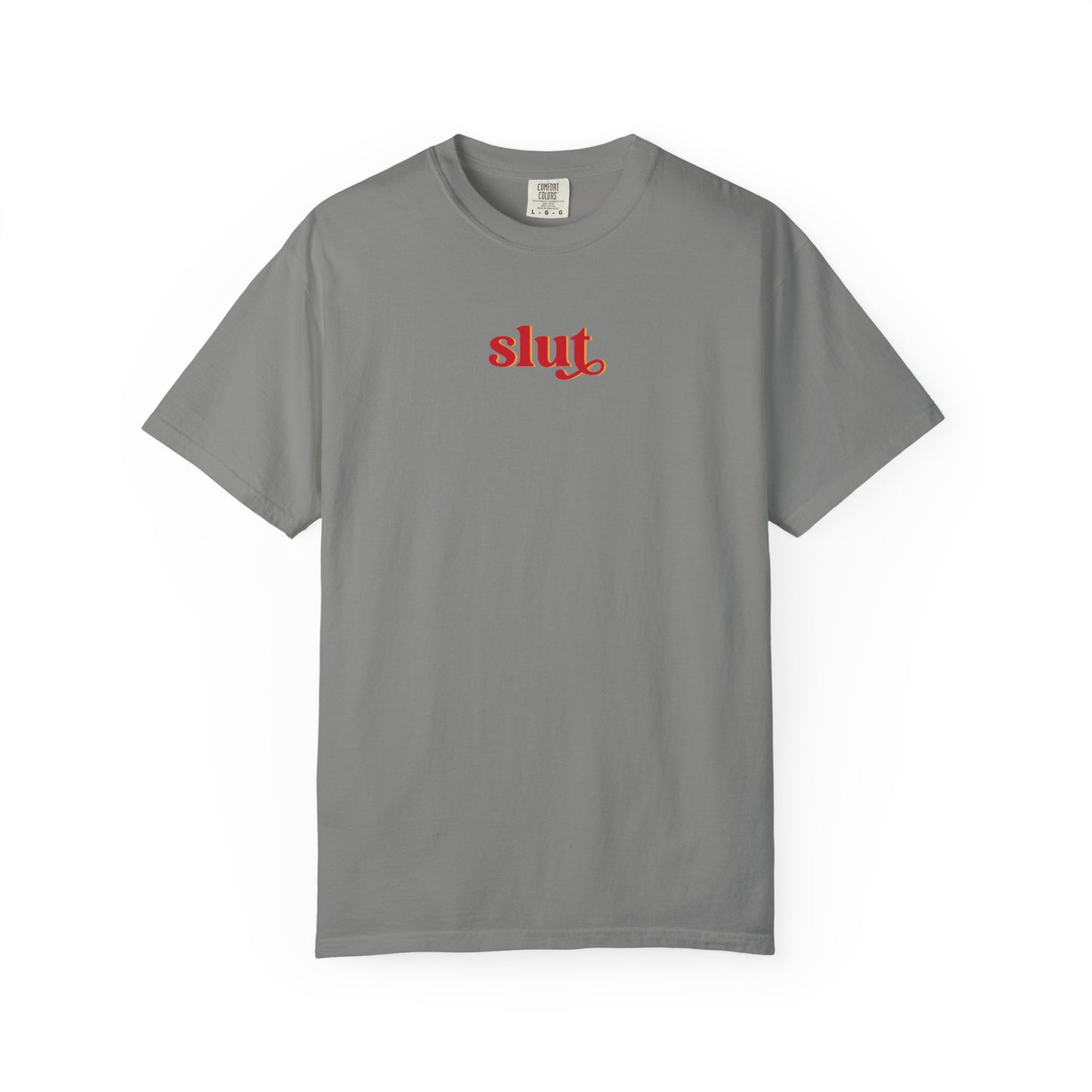 Graphic T-Shirt — Red "slut." Chest Print, Provocative Slogan Comfort Colors Tee