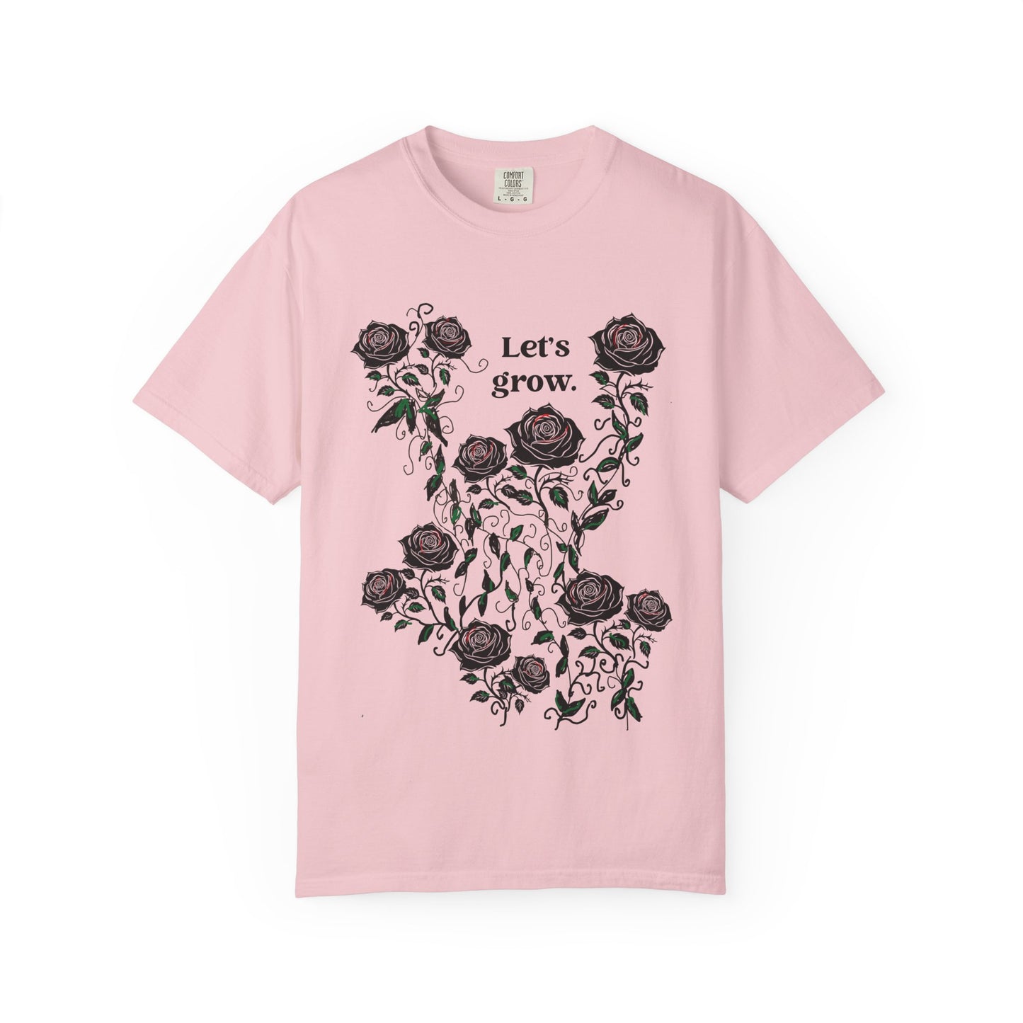 Pink cotton t-shirt with black rose floral graphic and “Let’s grow” slogan