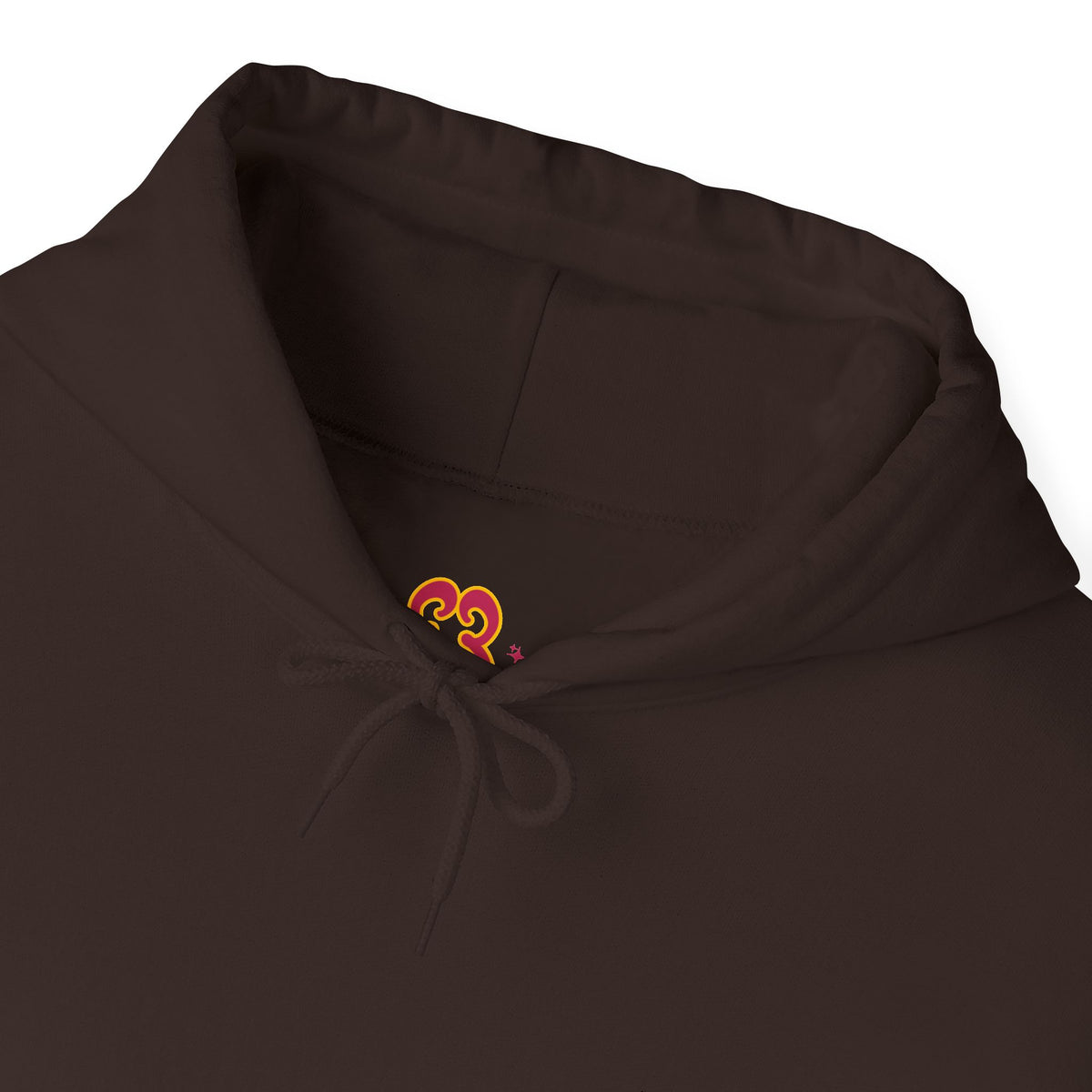 Brown drawstring hoodie pocket close-up, soft cotton-blend fabric with kangaroo pouch
