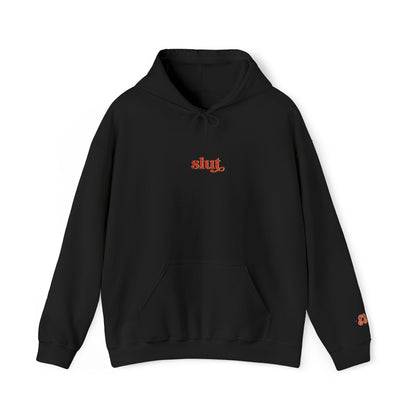 Black Slut hoodie sweatshirt with front logo, drawstring hood, soft cotton-poly blend