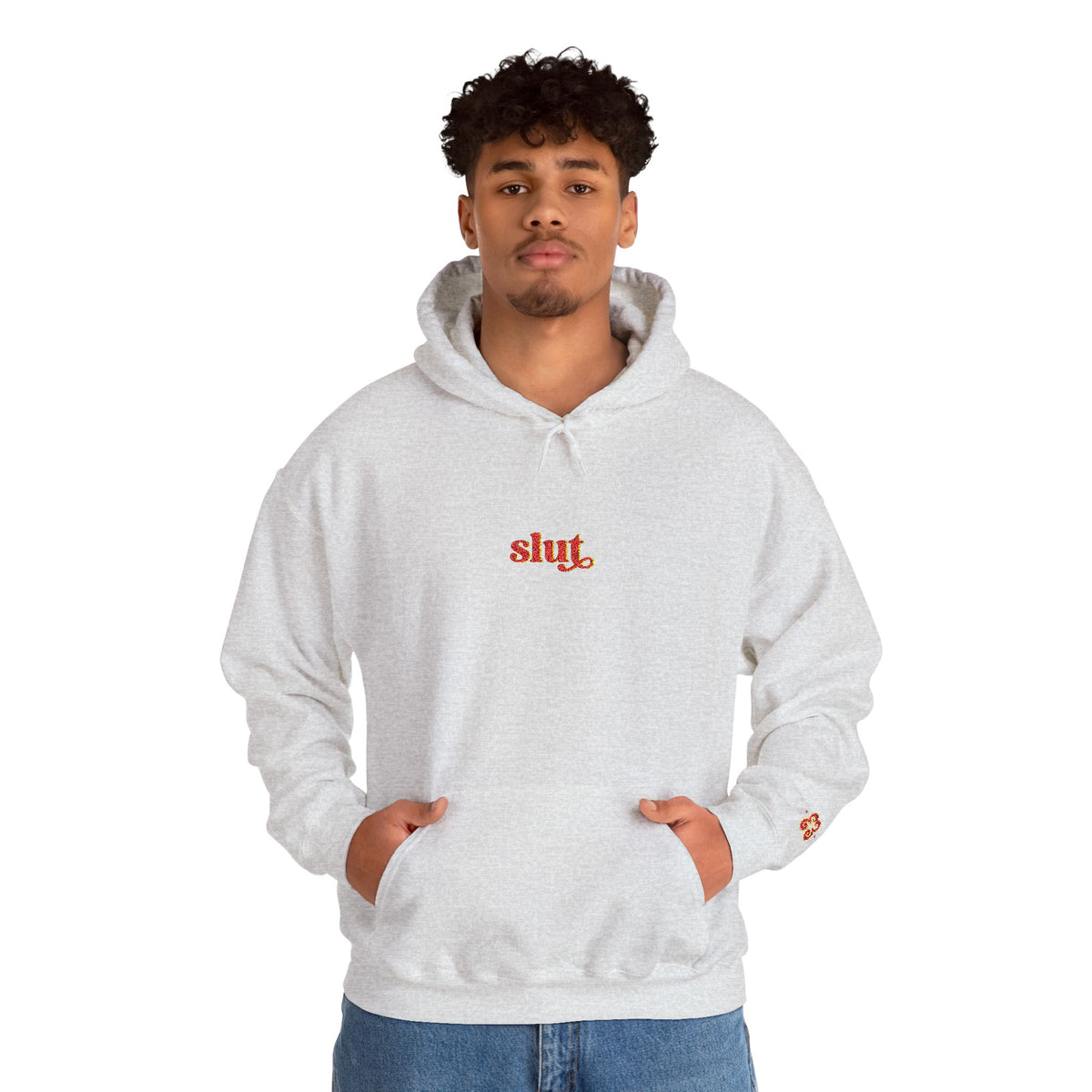 Men’s gray hoodie in cotton blend with “Slut” embroidered logo and drawstring hood