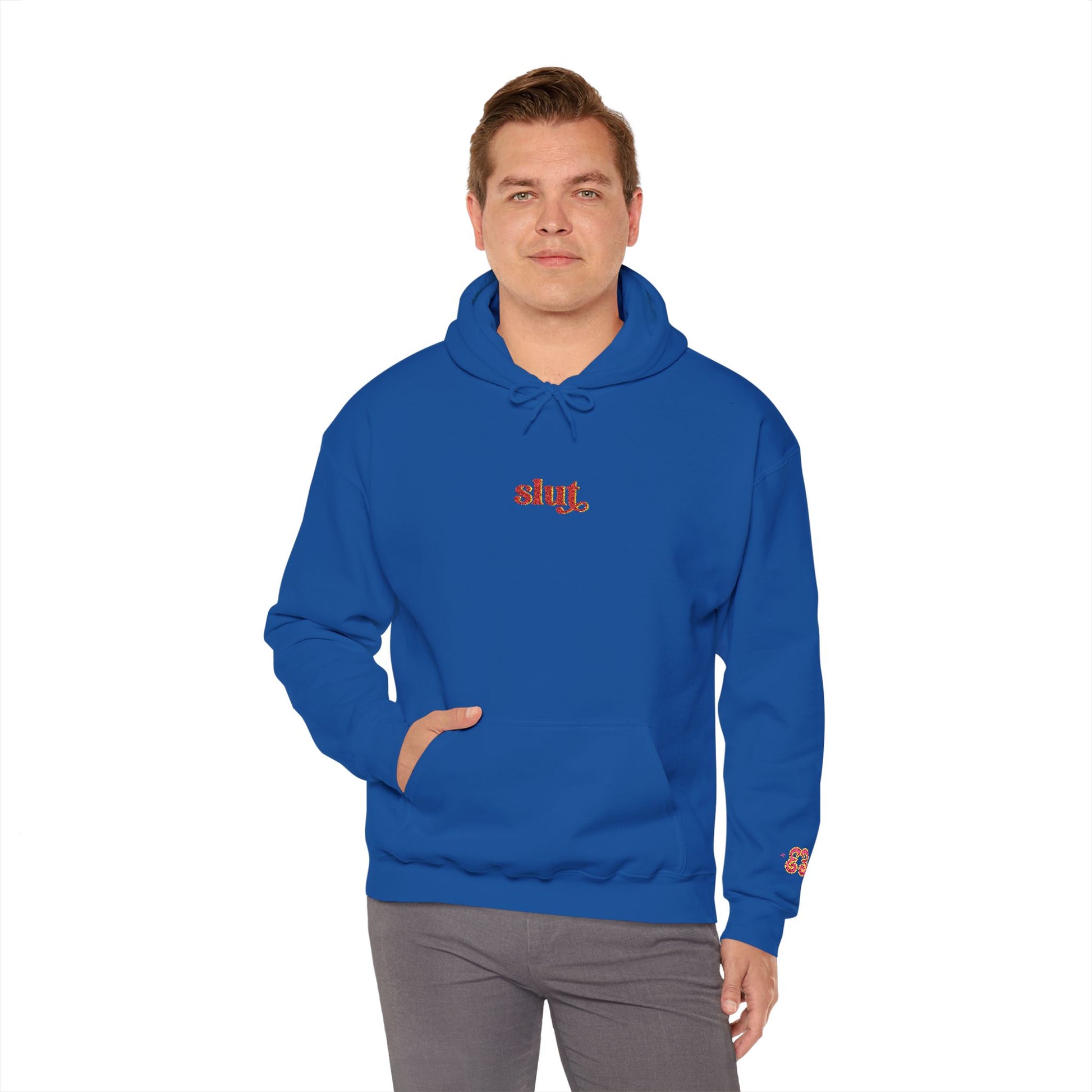 Royal blue hoodie worn front view with “Slut” chest logo and sleeve logo