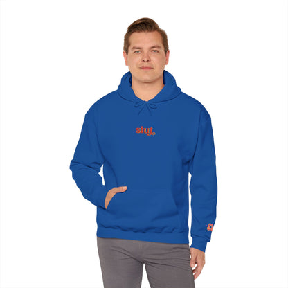 Royal blue hoodie worn front view with “Slut” chest logo and sleeve logo
