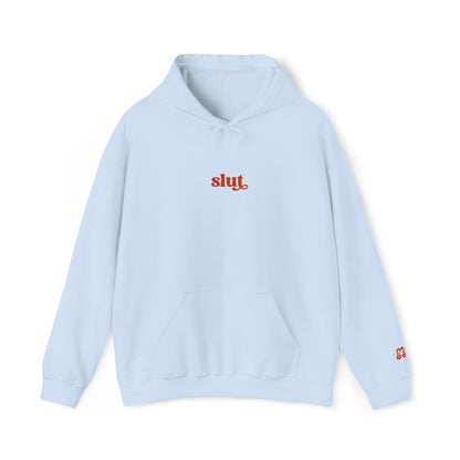 Light blue hoodie sweatshirt with embroidered 'slut' logo, soft cotton blend fabric
