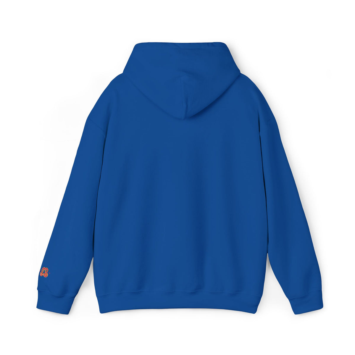 Royal blue hoodie laid flat, back view with small “Slut” logo on left sleeve