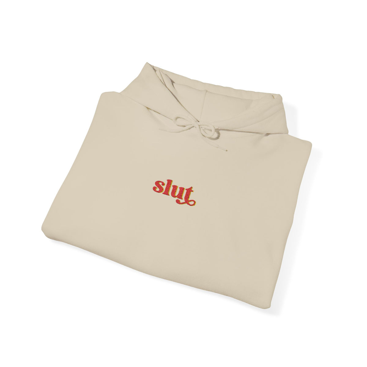 Beige hooded sweatshirt with embroidered “Slut” lettering, cotton blend, drawstring hood