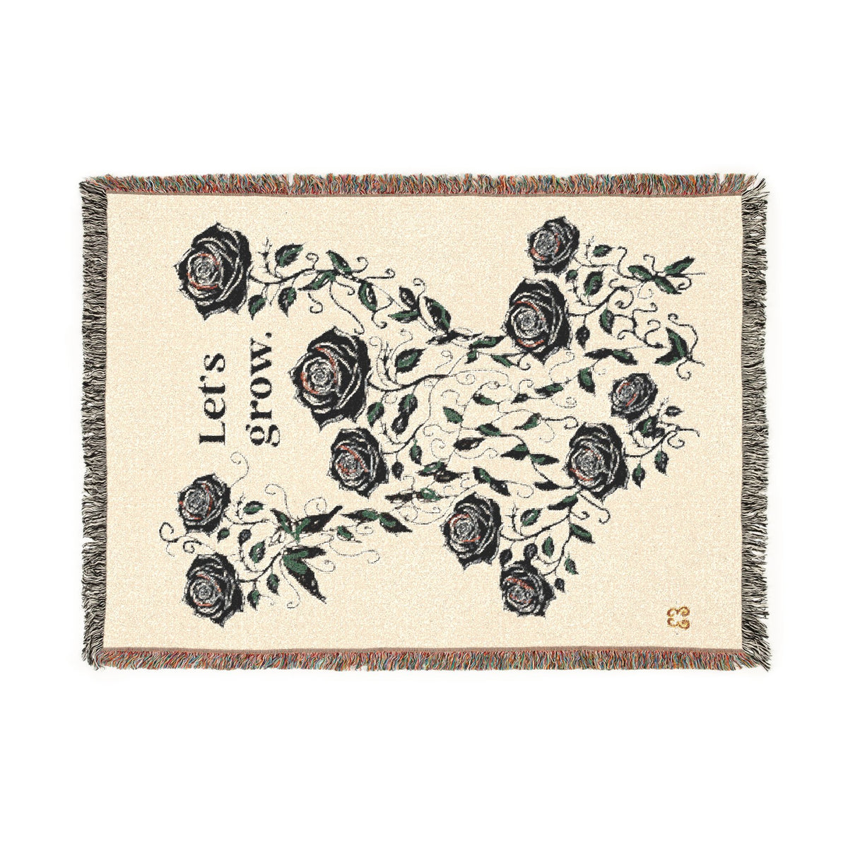 Beige floral throw blanket with tassel fringe, soft woven fabric with rose and leaf pattern