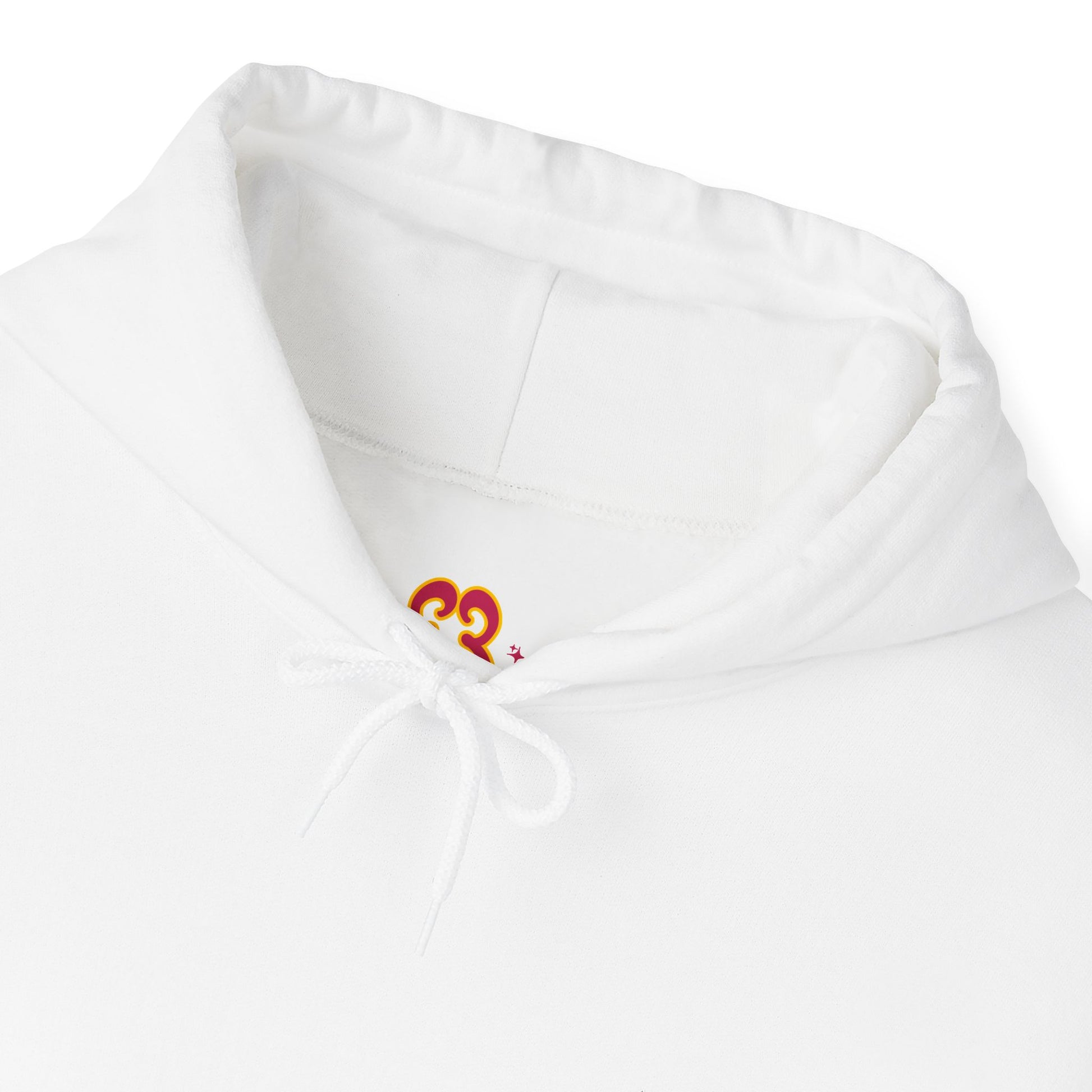White hoodie pocket detail, soft cotton knit fabric with drawstring hood
