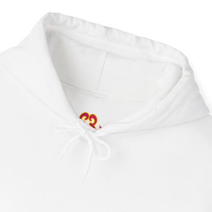 White hoodie pocket detail, soft cotton knit fabric with drawstring hood