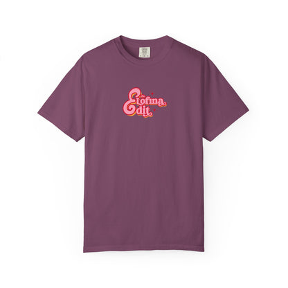 Purple unisex t-shirt in cotton blend with “The Loftina Edit” graphic print