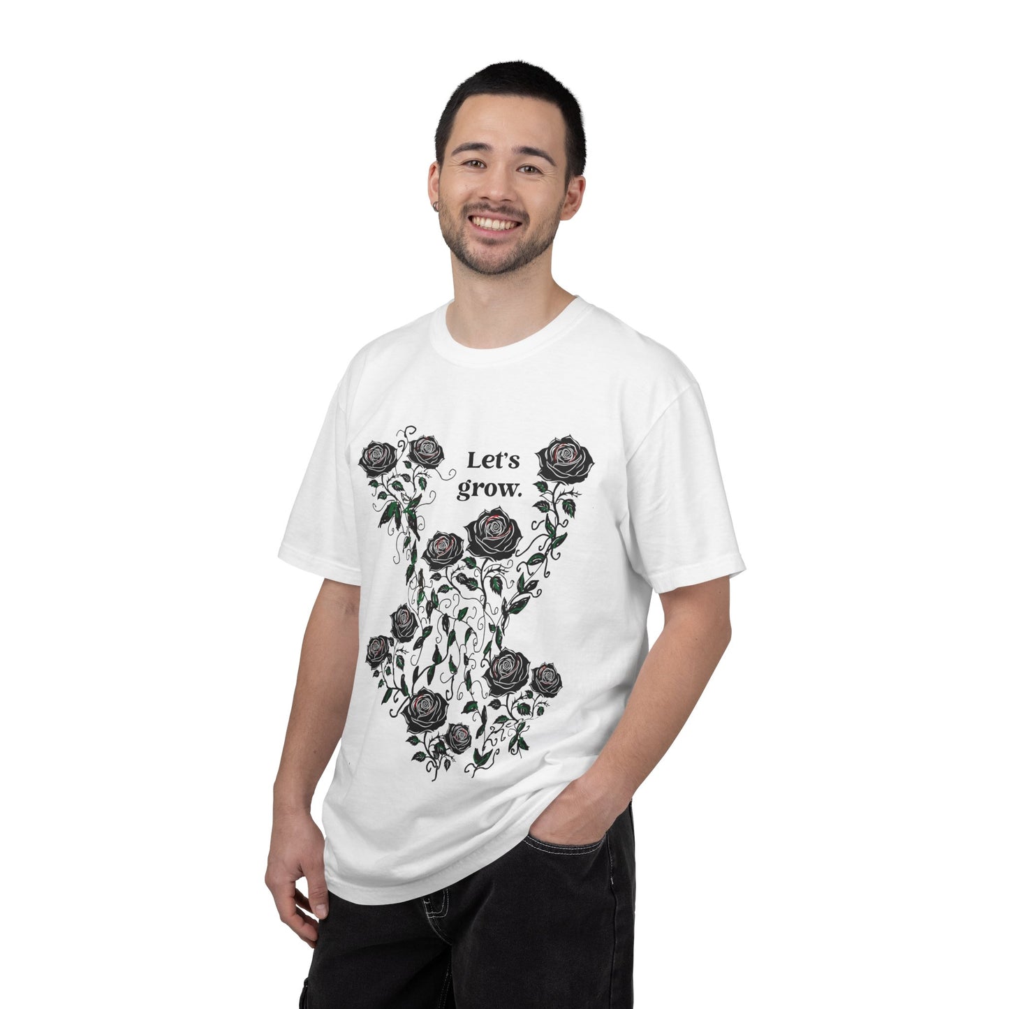 Men’s white cotton graphic T-shirt with black roses and “Let’s grow” slogan