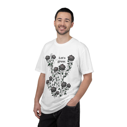 Men’s white cotton graphic T-shirt with black roses and “Let’s grow” slogan