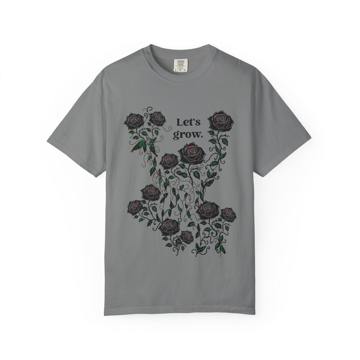 Grey cotton graphic t-shirt with black roses and “Let’s grow” slogan