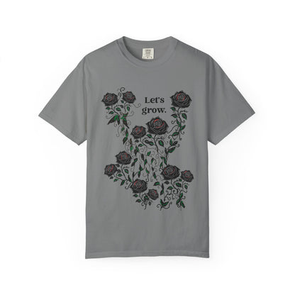 Grey cotton graphic t-shirt with black roses and “Let’s grow” slogan