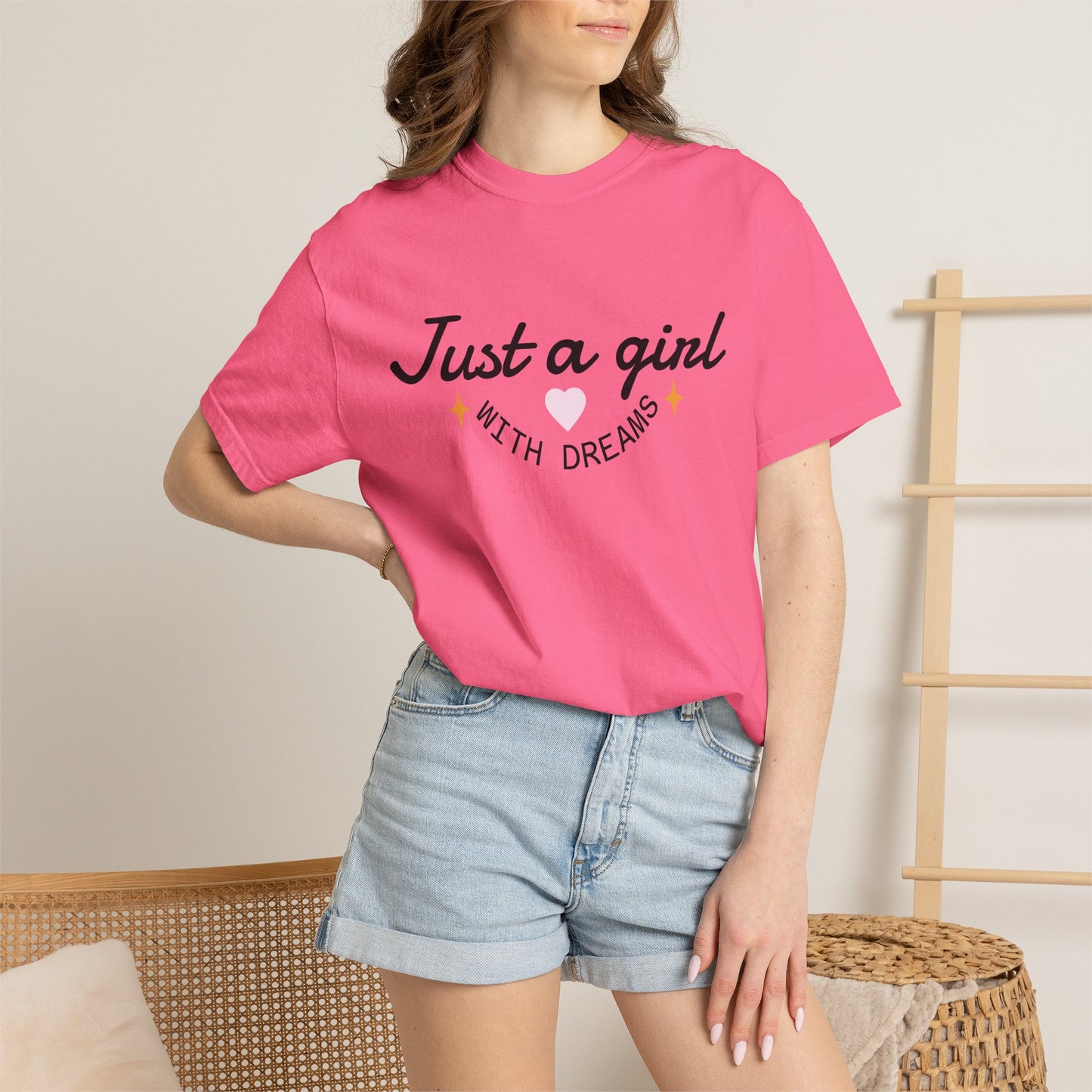 Pink women’s T-shirt in cotton with “Just a girl” heart and star graphic