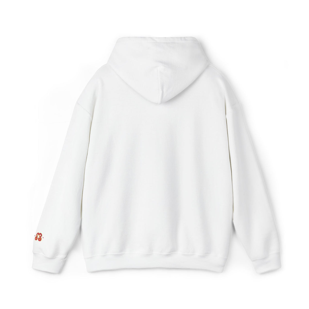 White pullover hoodie with kangaroo pocket and embroidered logo on chest, soft cotton blend