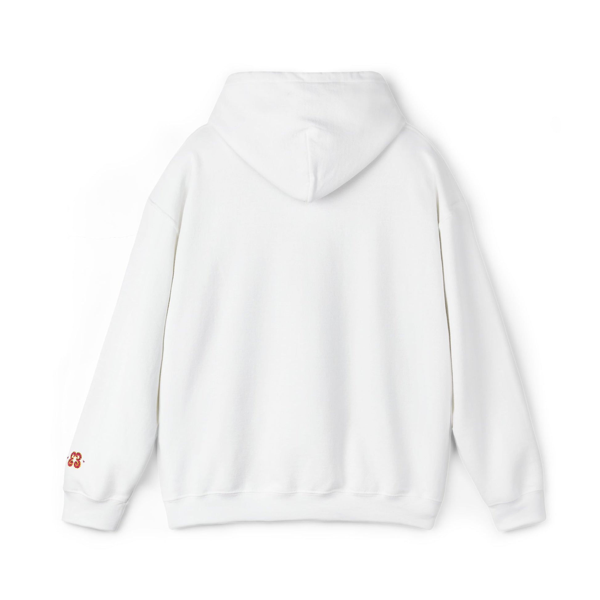 White pullover hoodie with kangaroo pocket and embroidered logo on chest, soft cotton blend
