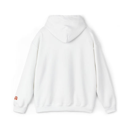White pullover hoodie with kangaroo pocket and embroidered logo on chest, soft cotton blend