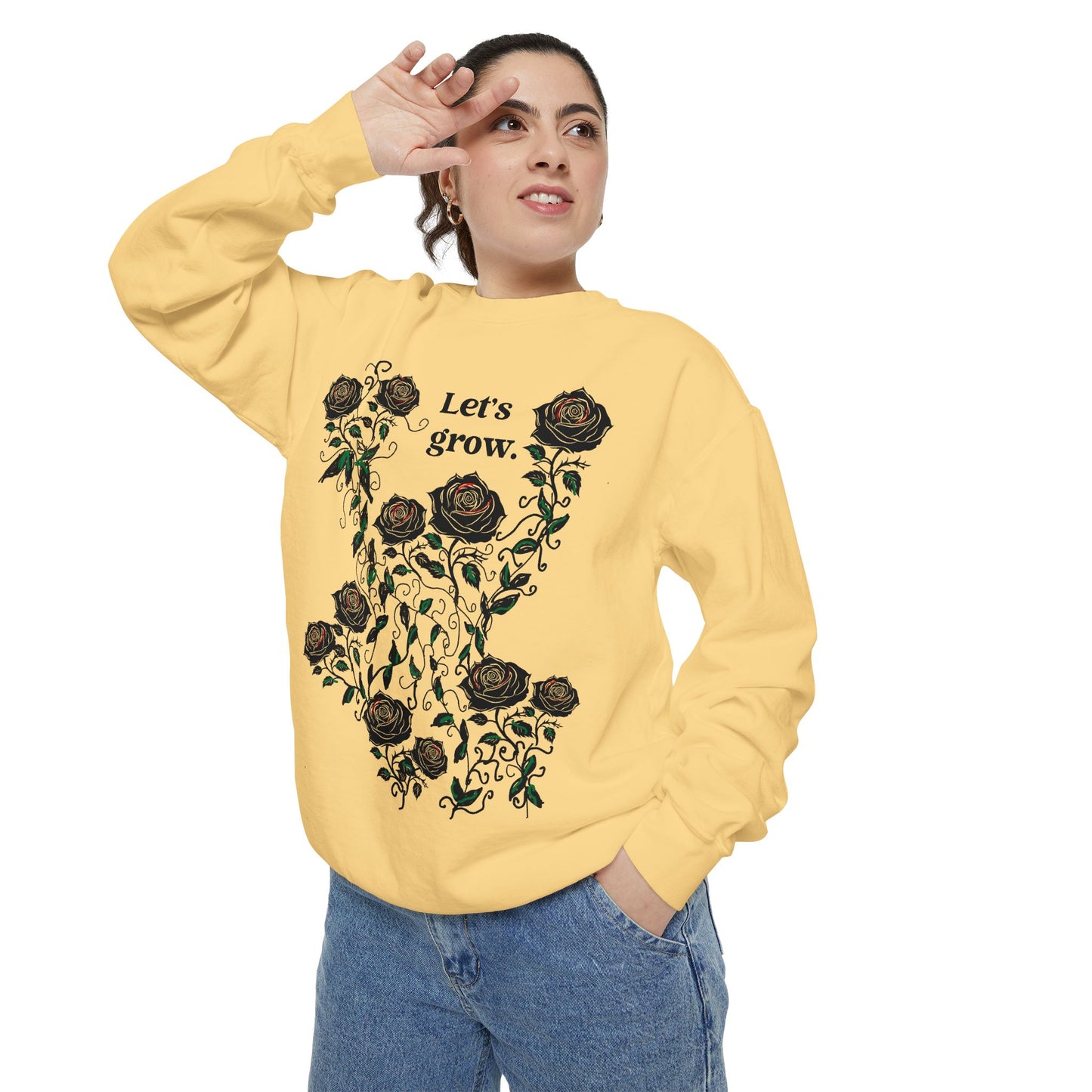 Yellow unisex sweatshirt in cotton with rose floral print and “Let’s grow” text
