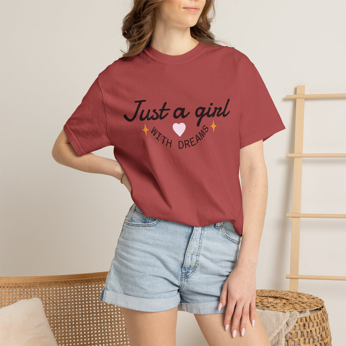 Burgundy graphic t-shirt in cotton blend, “Just a girl” print with stars and heart